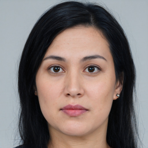 Neutral asian young-adult female with long  black hair and brown eyes