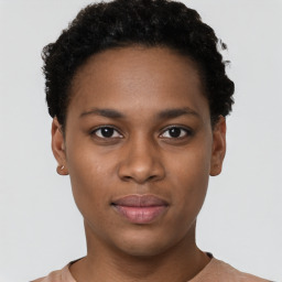 Neutral black young-adult female with short  black hair and brown eyes