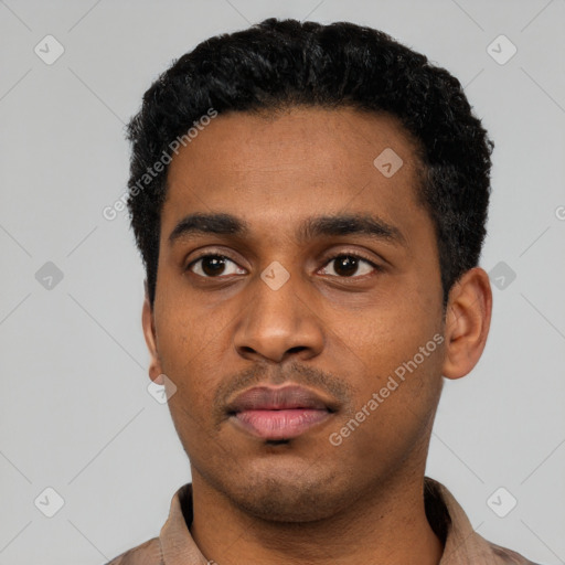 Neutral latino young-adult male with short  black hair and brown eyes