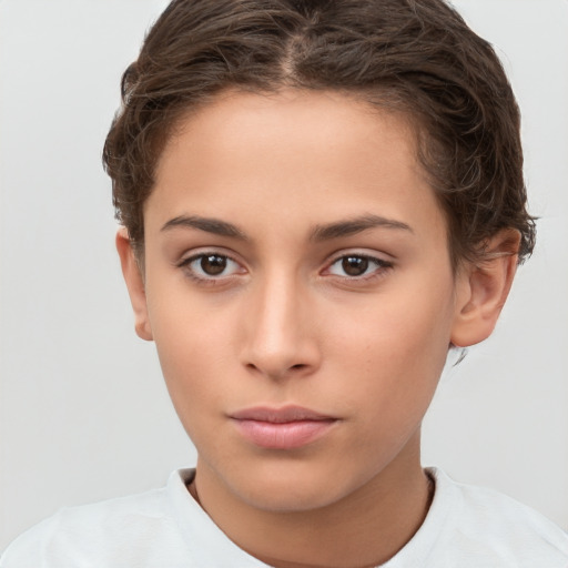 Neutral white young-adult female with short  brown hair and brown eyes