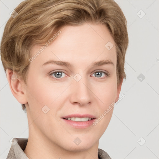 Joyful white young-adult female with short  brown hair and grey eyes