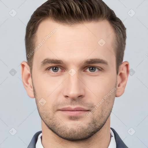 Neutral white young-adult male with short  brown hair and brown eyes