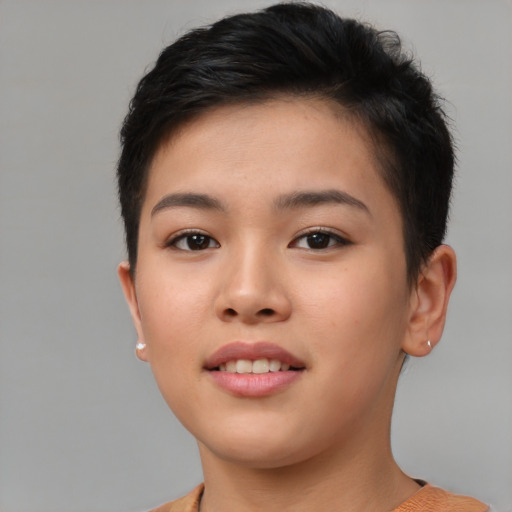 Neutral asian young-adult female with short  brown hair and brown eyes