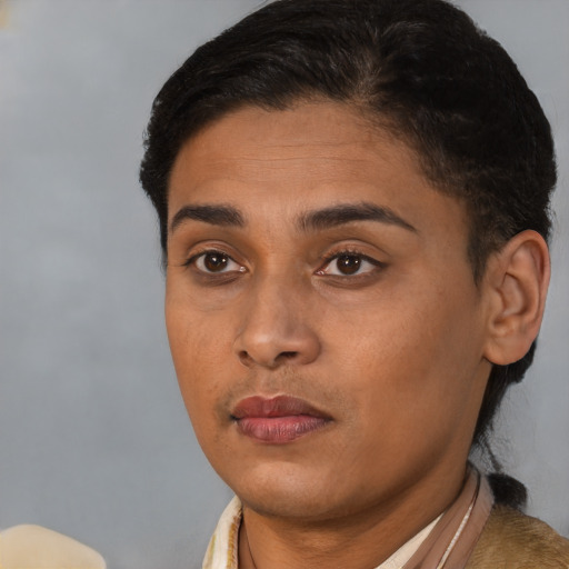 Neutral black young-adult female with short  brown hair and brown eyes