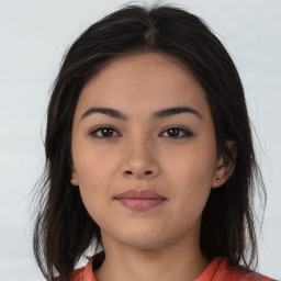 Neutral asian young-adult female with long  brown hair and brown eyes