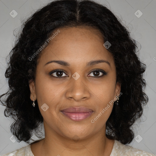 Joyful black young-adult female with medium  brown hair and brown eyes