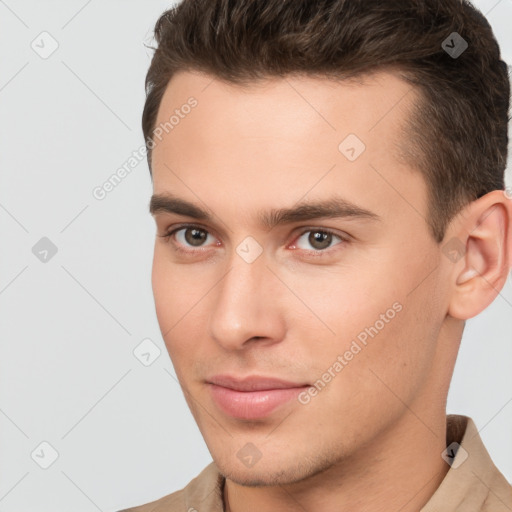 Neutral white young-adult male with short  brown hair and brown eyes