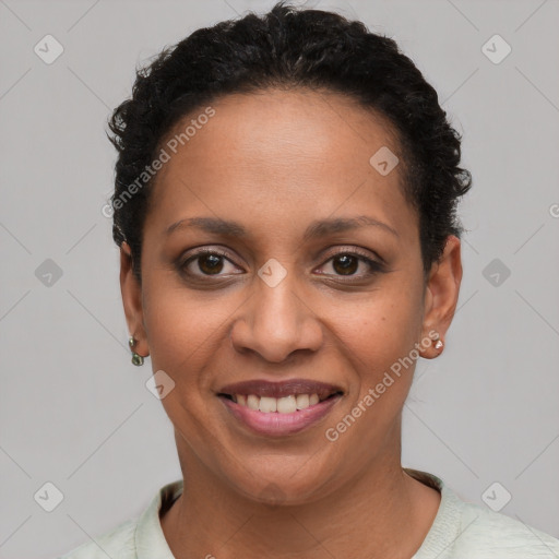 Joyful latino young-adult female with short  black hair and brown eyes