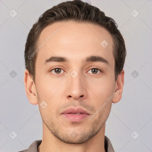 Neutral white young-adult male with short  brown hair and brown eyes