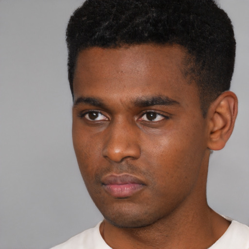 Neutral black young-adult male with short  black hair and brown eyes