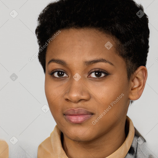 Joyful black young-adult female with short  black hair and brown eyes