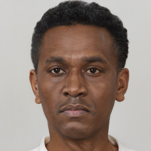 Neutral black adult male with short  brown hair and brown eyes