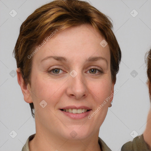 Joyful white young-adult female with short  brown hair and grey eyes