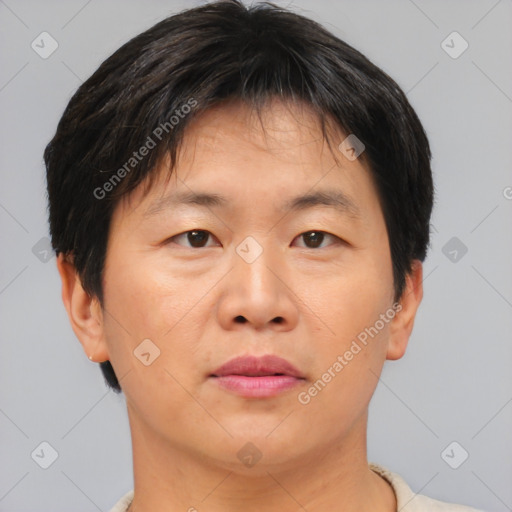 Neutral asian adult male with short  brown hair and brown eyes