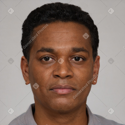 Neutral black young-adult male with short  black hair and brown eyes