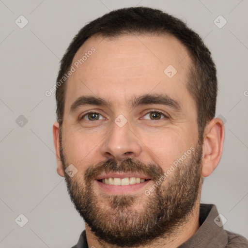 Joyful white young-adult male with short  brown hair and brown eyes