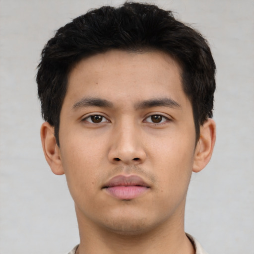 Neutral asian young-adult male with short  black hair and brown eyes