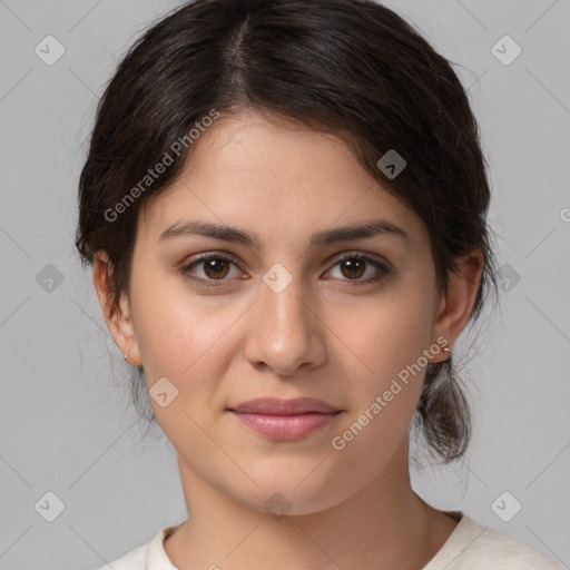 Joyful white young-adult female with medium  brown hair and brown eyes