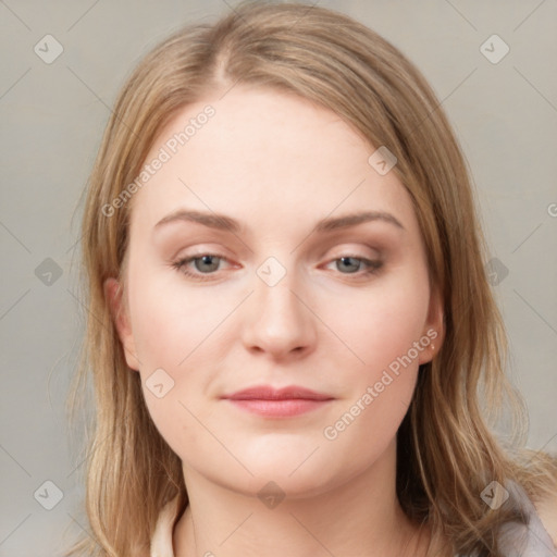 Neutral white young-adult female with medium  brown hair and grey eyes