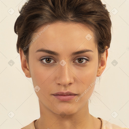 Neutral white young-adult female with short  brown hair and brown eyes