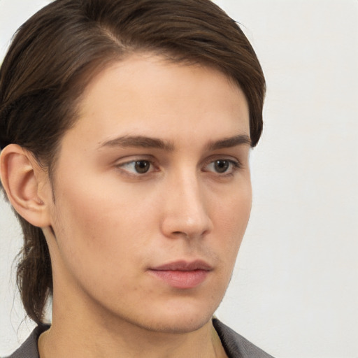 Neutral white young-adult female with short  brown hair and brown eyes