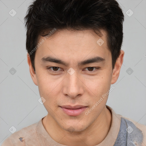 Neutral asian young-adult male with short  brown hair and brown eyes