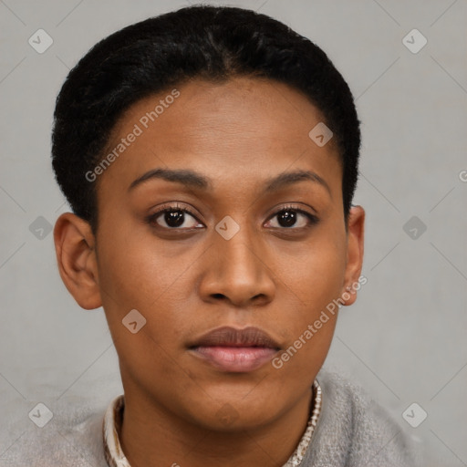 Neutral black young-adult female with short  brown hair and brown eyes