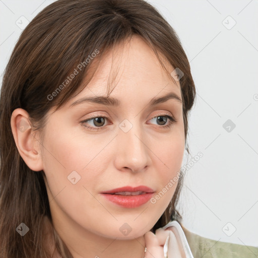 Neutral white young-adult female with medium  brown hair and grey eyes