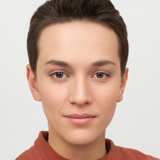 Neutral white young-adult female with short  brown hair and brown eyes