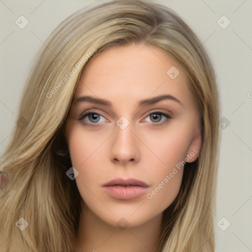 Neutral white young-adult female with long  brown hair and brown eyes