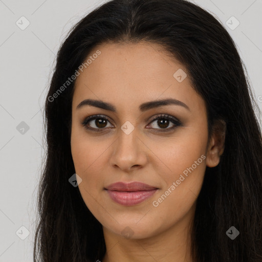 Joyful latino young-adult female with long  brown hair and brown eyes