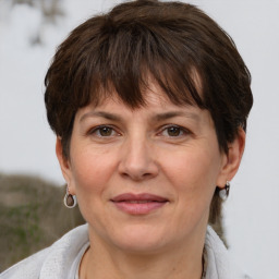 Joyful white adult female with short  brown hair and brown eyes