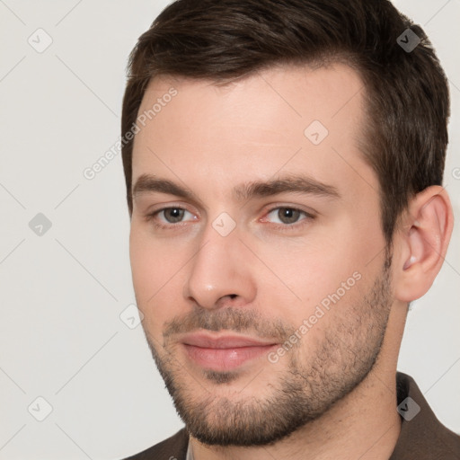 Neutral white young-adult male with short  brown hair and brown eyes