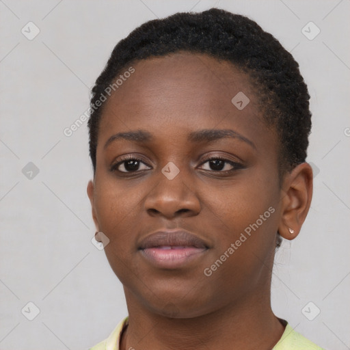 Neutral black young-adult female with short  brown hair and brown eyes