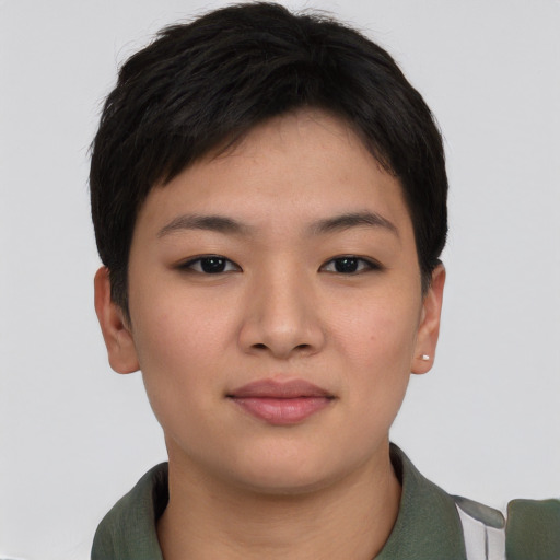 Neutral asian young-adult female with short  brown hair and brown eyes