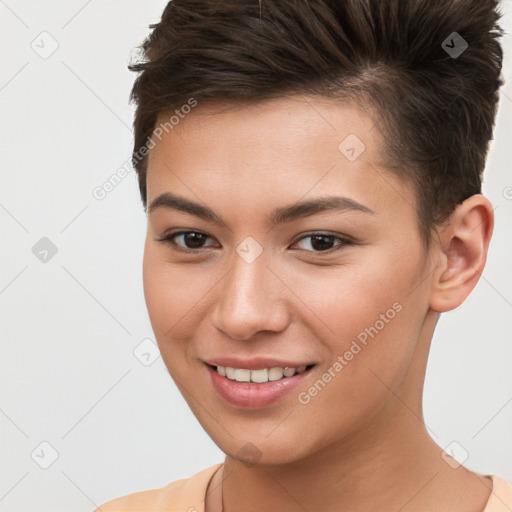 Joyful white young-adult female with short  brown hair and brown eyes