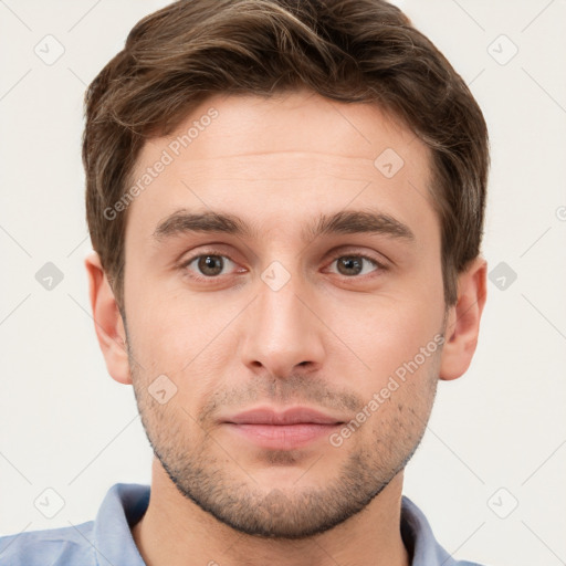 Neutral white young-adult male with short  brown hair and grey eyes