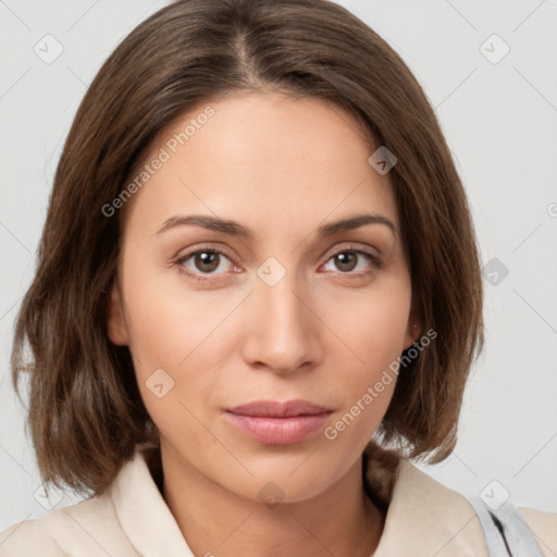 Neutral white young-adult female with medium  brown hair and brown eyes