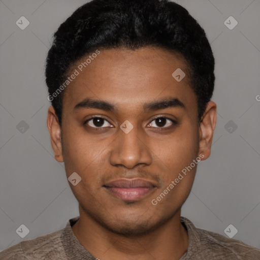 Joyful black young-adult male with short  black hair and brown eyes