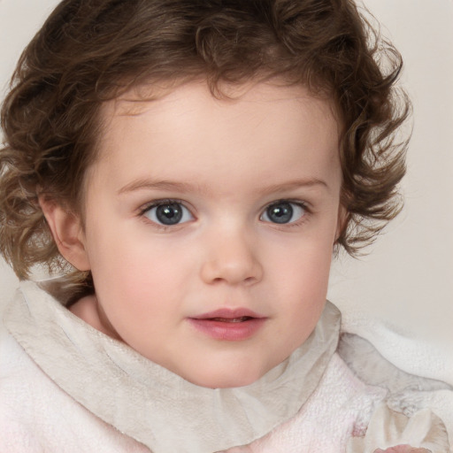 Neutral white child female with medium  brown hair and blue eyes