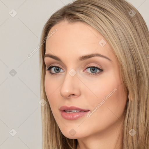 Neutral white young-adult female with long  brown hair and brown eyes