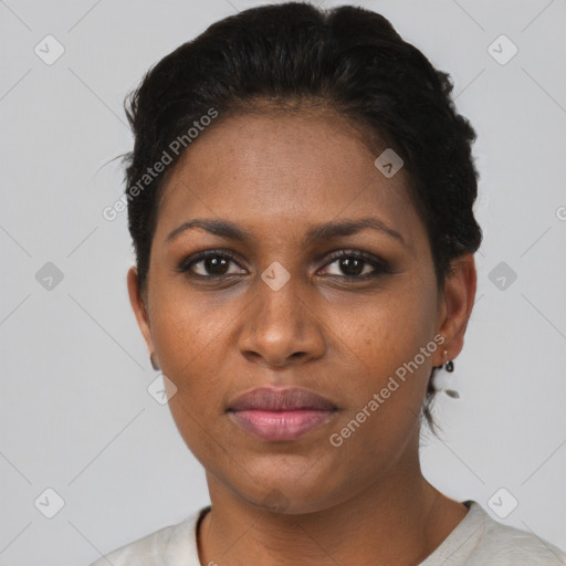 Neutral black young-adult female with short  brown hair and brown eyes