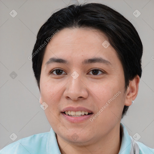 Joyful asian young-adult female with medium  black hair and brown eyes