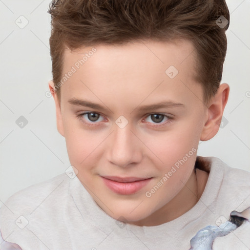 Joyful white child female with short  brown hair and brown eyes