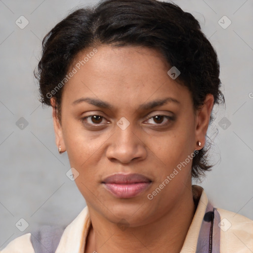 Joyful latino adult female with short  brown hair and brown eyes