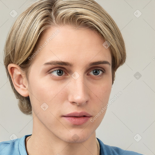 Neutral white young-adult female with medium  brown hair and grey eyes