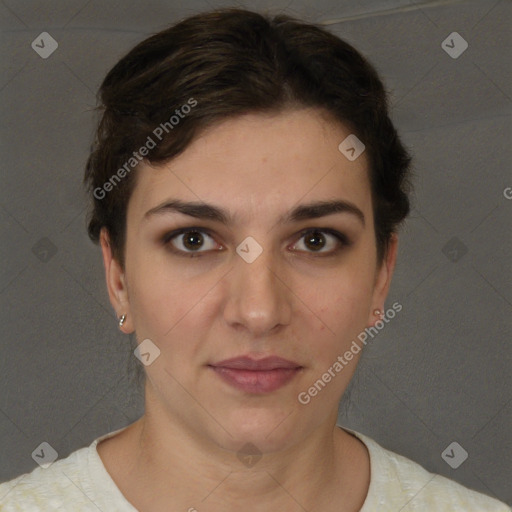 Neutral white young-adult female with short  brown hair and brown eyes