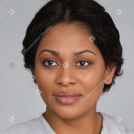 Joyful black young-adult female with medium  black hair and brown eyes