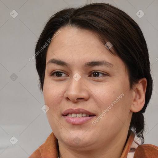 Joyful white young-adult female with medium  brown hair and brown eyes