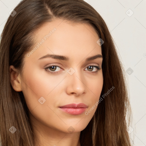 Neutral white young-adult female with long  brown hair and brown eyes